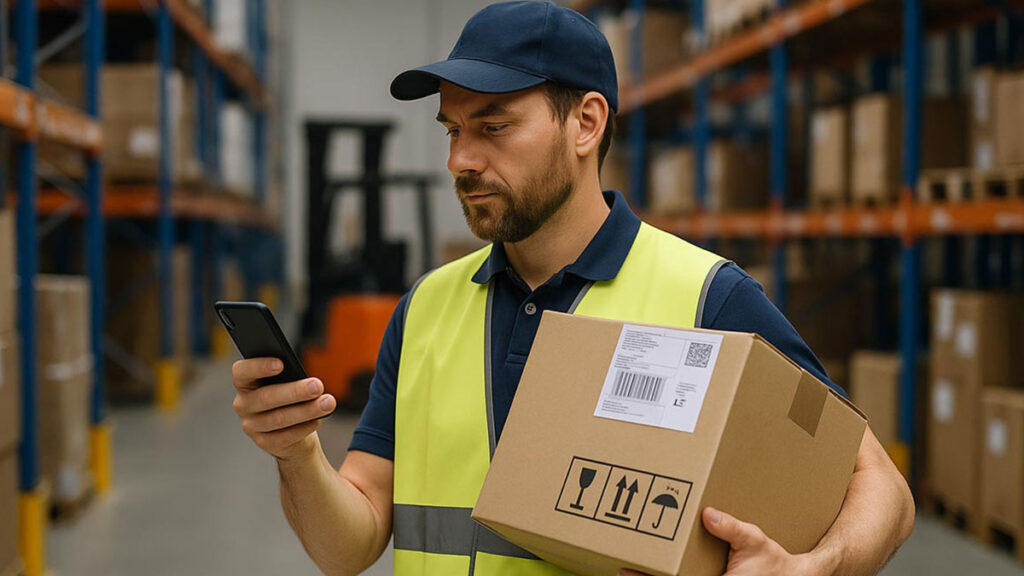 Skladník ve výstražné vestě kontroluje mobilní telefon a drží balík s přepravním štítkem v moderním logistickém skladu.