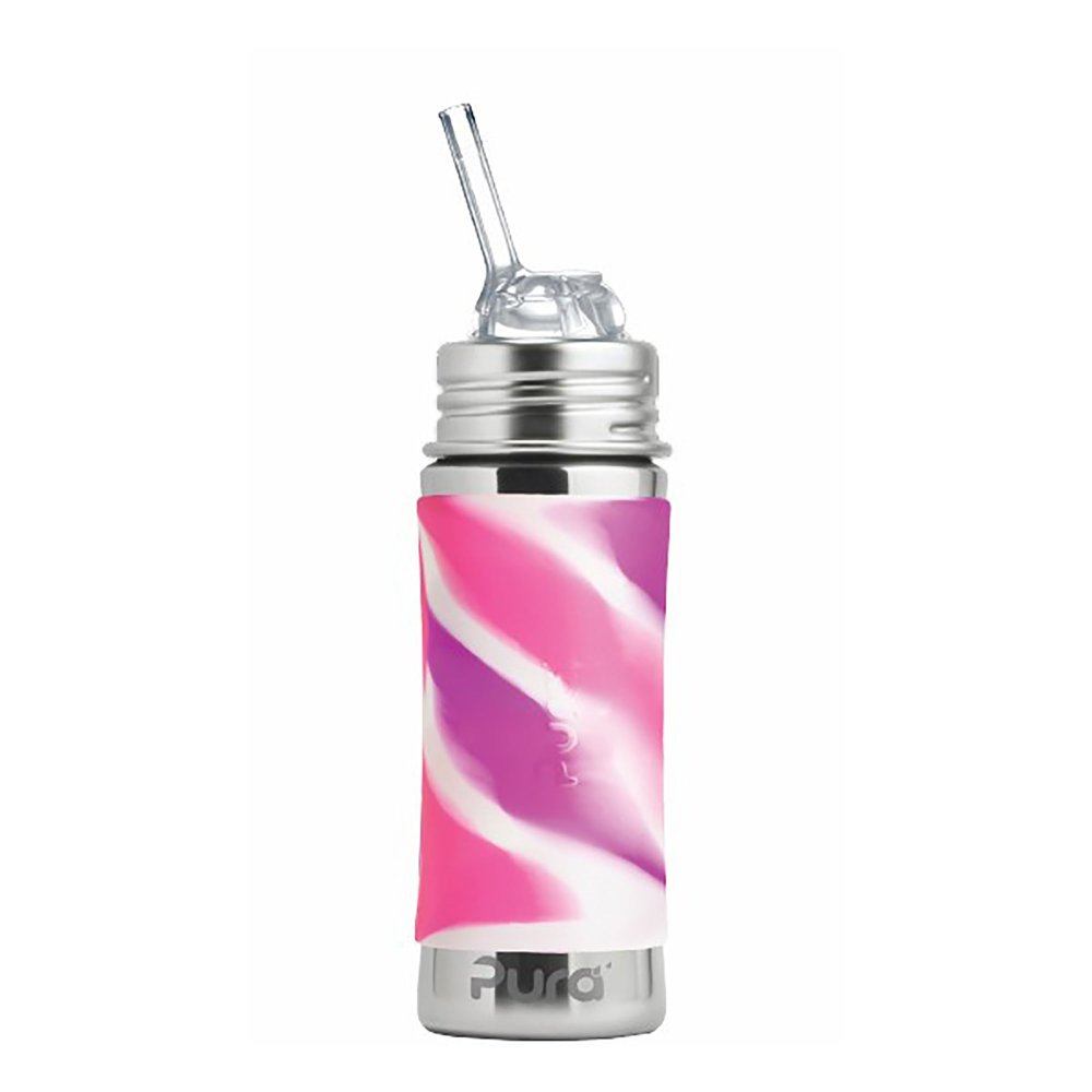 Pura nerezová láhev s brčekm 325 ml – růžovo-bílá
